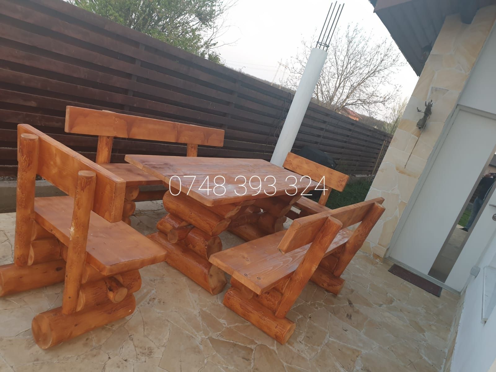 Mobilier  rustic  set masa cu băncuțe scaune lemn masiv