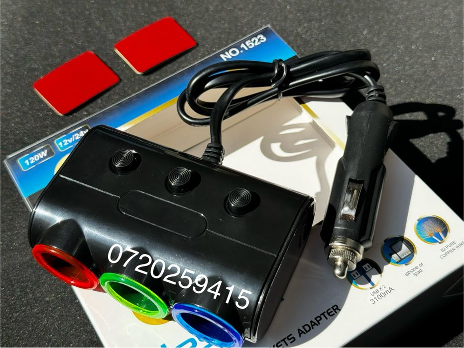 Priza bricheta 3 cai si 2 x USB euro camion 12 - 24V