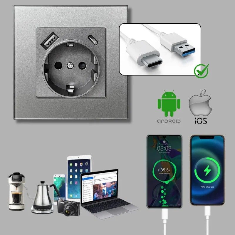 Priza rama sticla securizata, USB-A si USB-C, iUni UC1, 16A, Silver