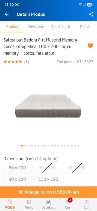 Saltea pat Bedora Fitt Musetel Memory Cocos, ortopedica, 160 x 200 cm