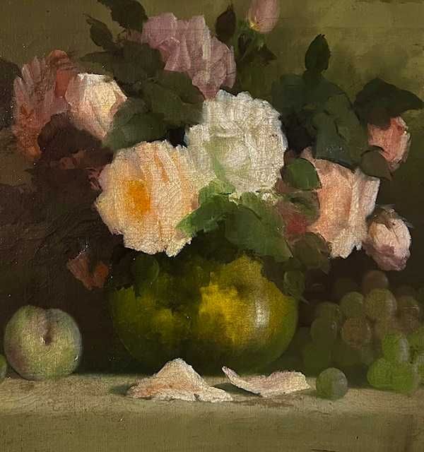 *VAZA CU TRANDAFIRI* Tablou f, f VECHI, ulei/panza, semnat.Cca 65x55cm