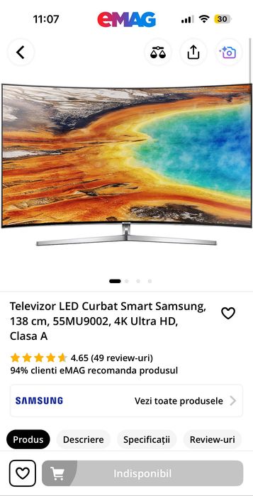 Televizor LED Curbat Smart Samsung, 138 cm
