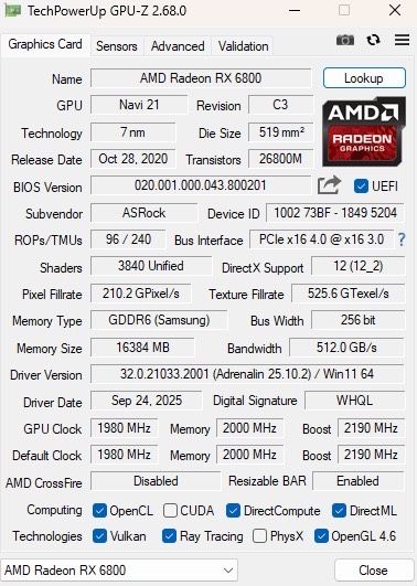 Placă video AMD Radeon RX 6800 ASRock – 16GB GDDR6