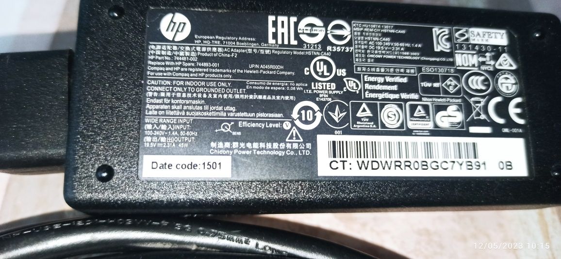 Alimentator Laptop HP 19,5V-2,31 45WA, 
mufa rotunda cu pin central, p