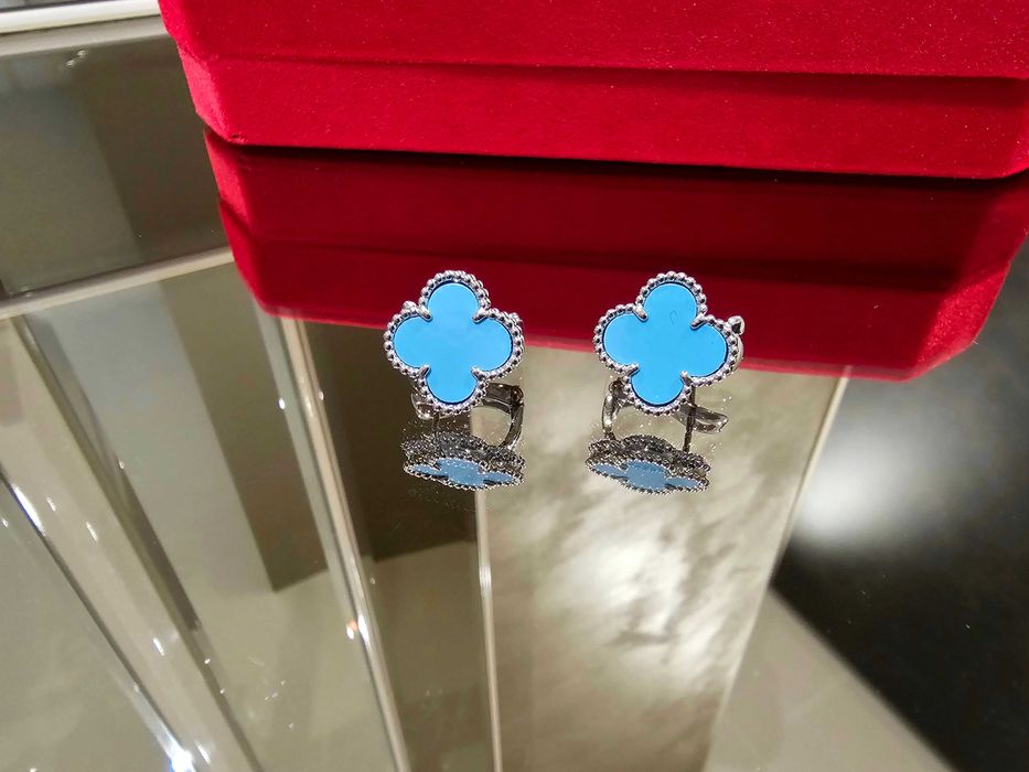 Van Cleef & Arpels VCA Silver Turquoise Alhambra Clips Дамски Обеци
