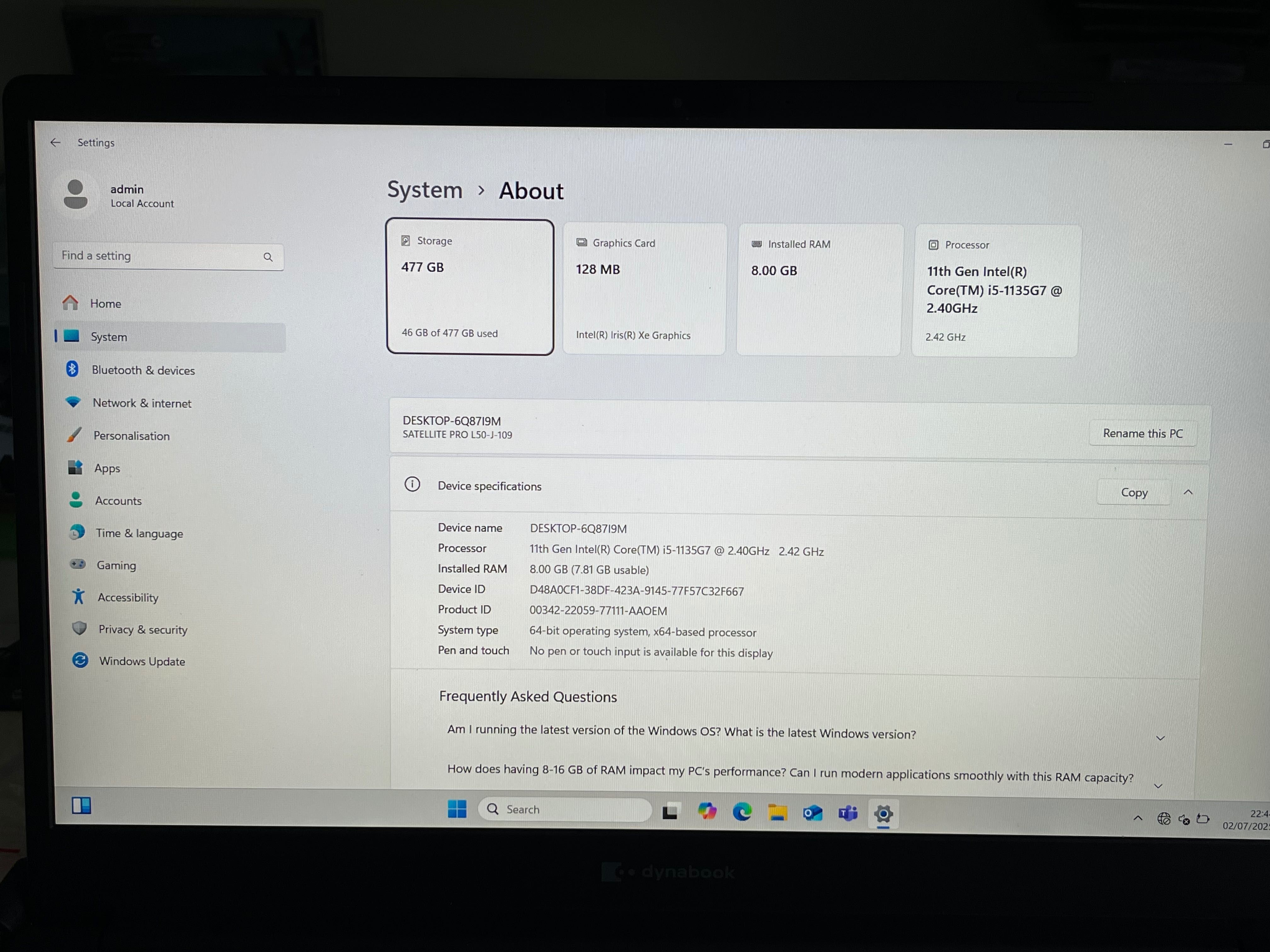 Dynabook Toshiba i5-1135g7 15.6” FHD ips L50-j-109