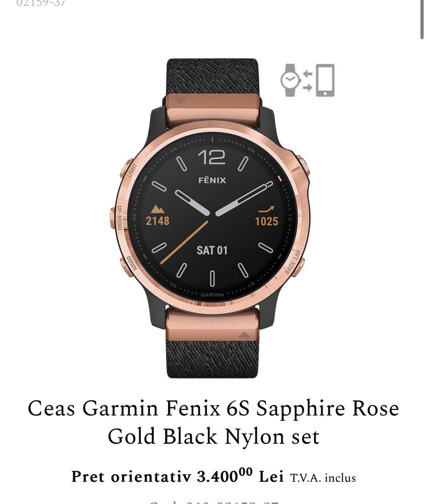 Ceas Garmin Fenix 6S, 42 mm Sapphire Rose Gold Black Nou