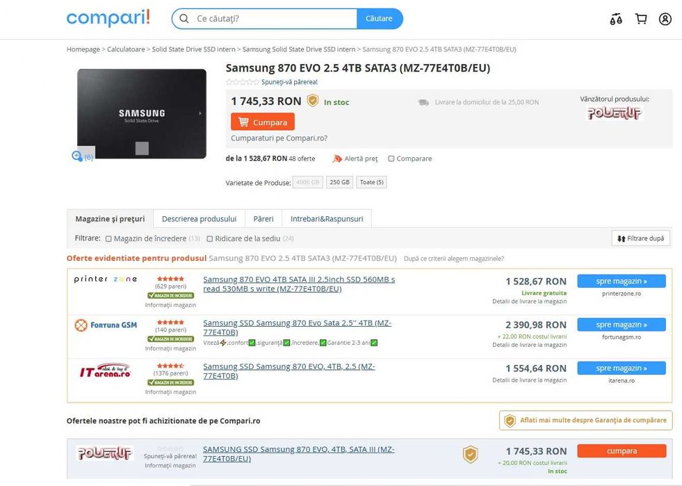 Solid State Drive (SSD) Samsung 870 EVO, de 4TB, 2.5", SATA III -nou