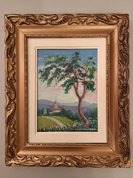 Pictură "Biserica din deal ",Maria Frânculescu(n.1922- 2012).