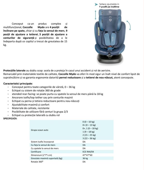Scaun Auto Rotativ cu Isofix Coccolle Mydo 0-36 Kg - Albastru