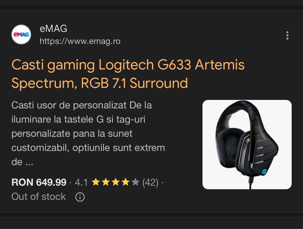 Casti gaming Logitech G633 Artemis Spectrum, RGB 7.1 Surround