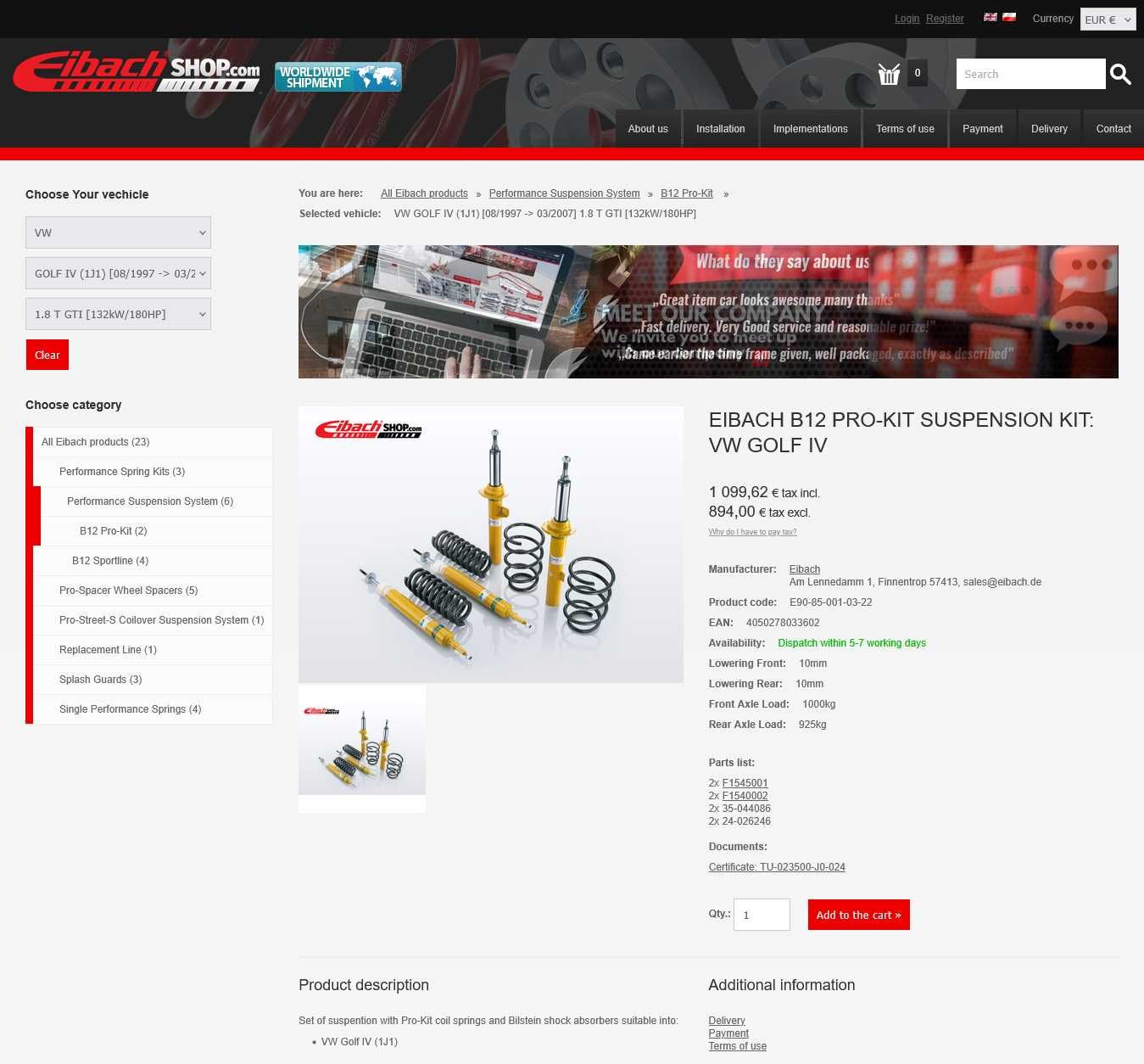 Немско Спортно Окачване Eibach/Bilstein B12 Pro Kit за VW Golf 4 GTI