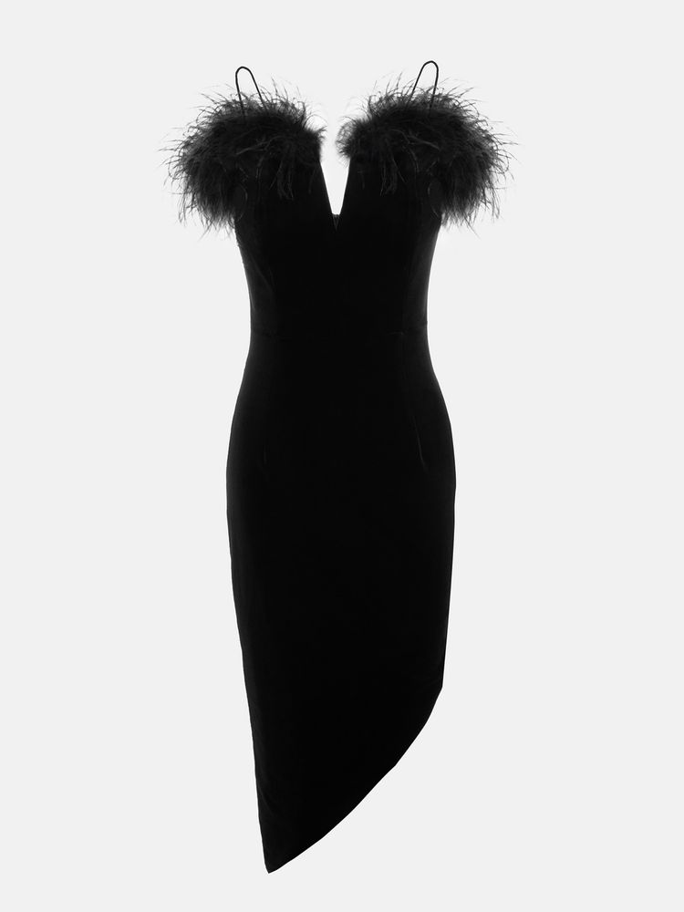 Черное приталенное платье с перьями Lichi