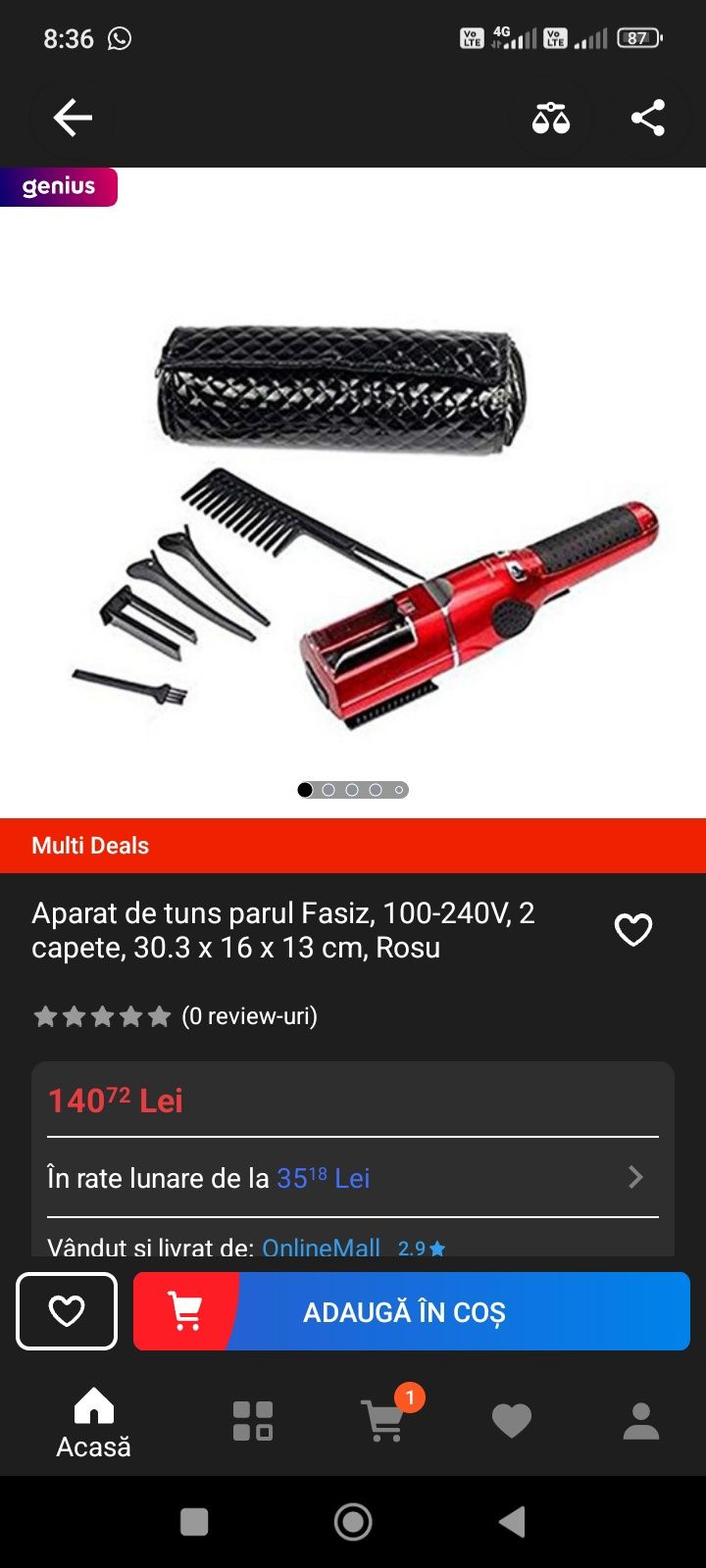 Aparat de tuns parul Fasiz, 100-240V, 2 capete, 30.3 x 16 x 13 cm, Ros
