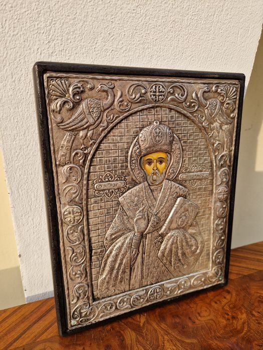 Прекрасна антикварна сребърна икона Свети Никола сертификат