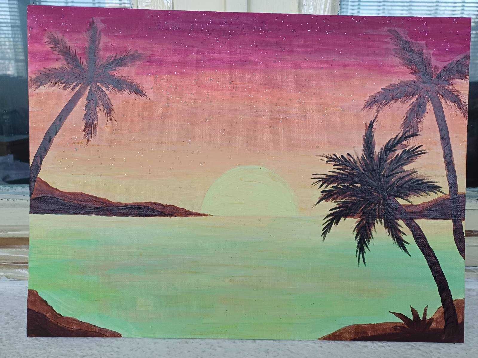 Картина палми  залез акварел