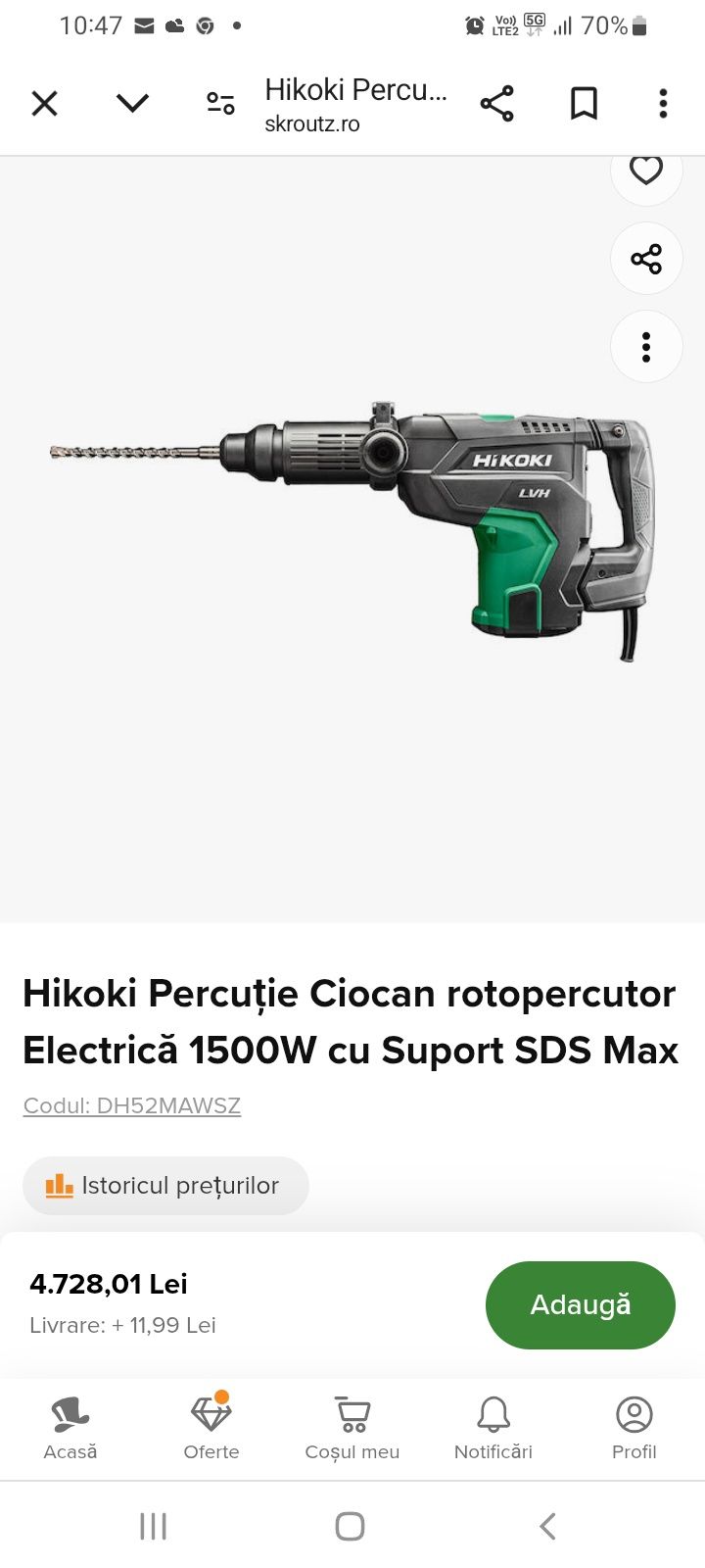 Rotopercutor  HIKOKI  DH 52 MA de 1500 w cu sds max , fabric. 2022