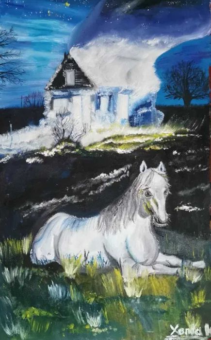 Tablou original ulei pe pânză, gothic, cal și casă în flăcări