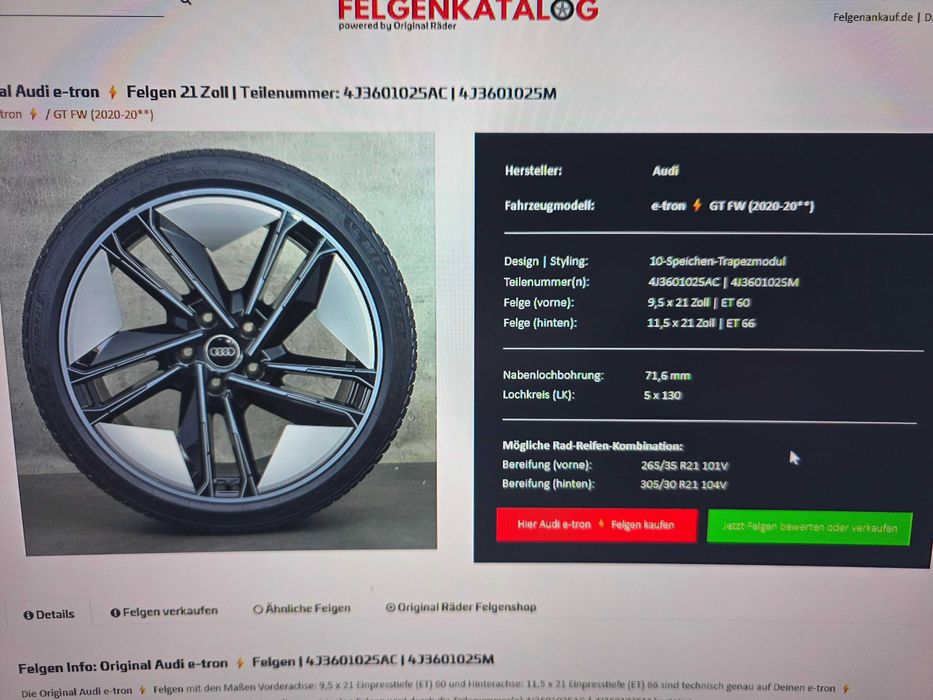 2х Audi E-tron GT FW 4J3601025AC 9.5jx21 et 60 5x130