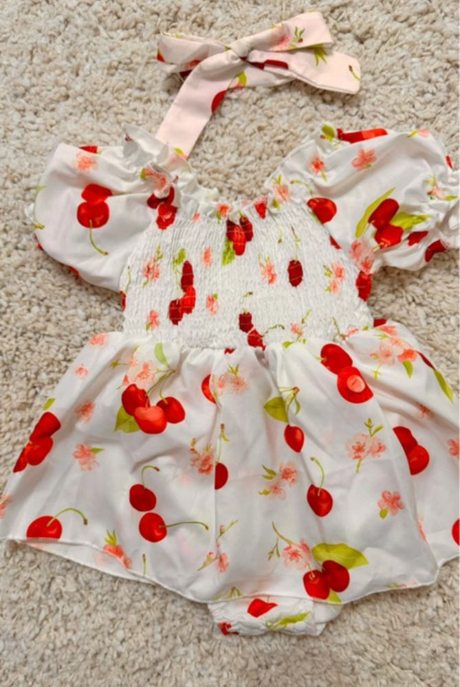 Baby Summer Fruit Cherry Print Ruffled bodysuit With Headband Set