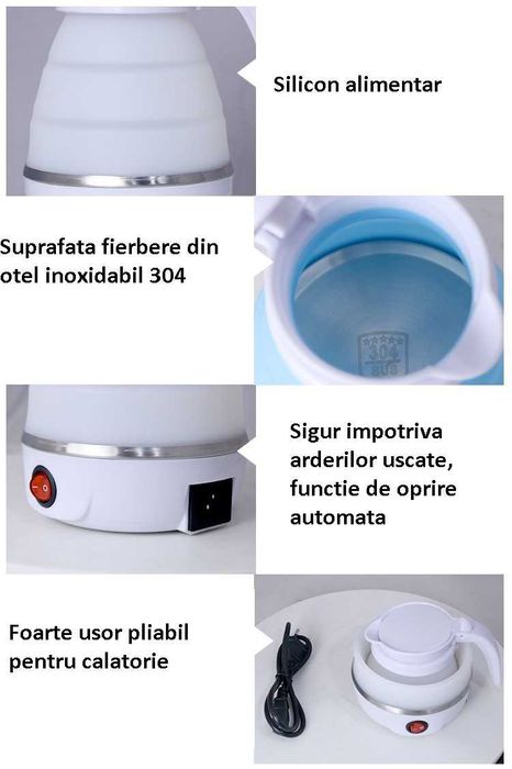 Cana electrica pliabila, fierbator, 600ml, travel, 600W, silicon, Roz