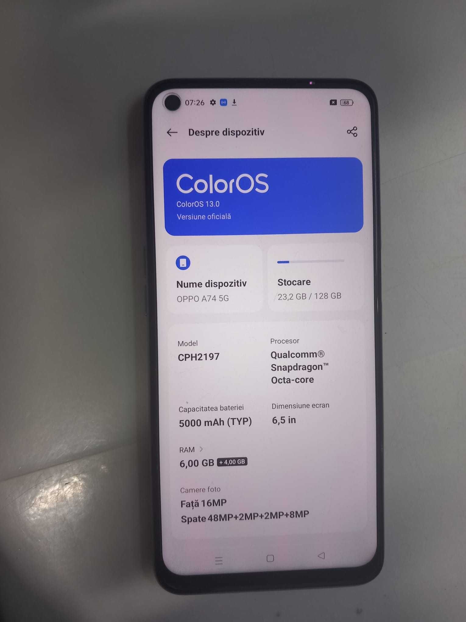 Telefon mobil Oppo A74, Dual SIM, 128GB, 6GB RAM, 5G, Argintiu