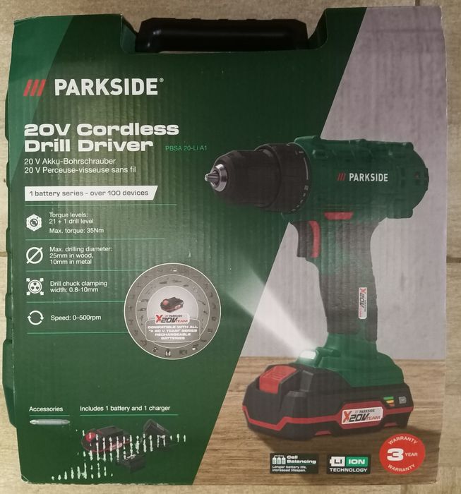 Parkside set filetanta bormasina 35Nm cu baterie 20V 2 A incarcator 1A