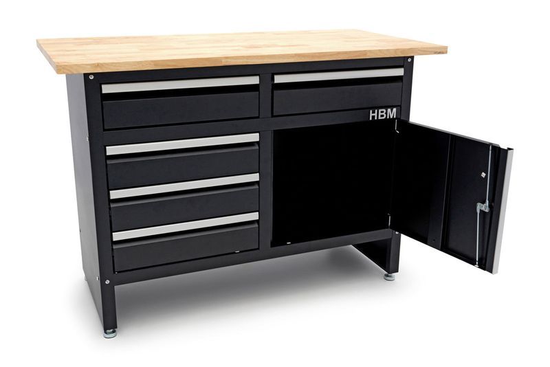 Метална работна маса 120 см с 5 чекмеджета 1 врата и плот от масивно д