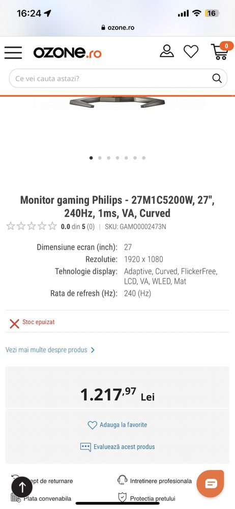 Monitor gaming Philips - 27M1C5200W, 27'', 240Hz, 1ms, VA, Curved