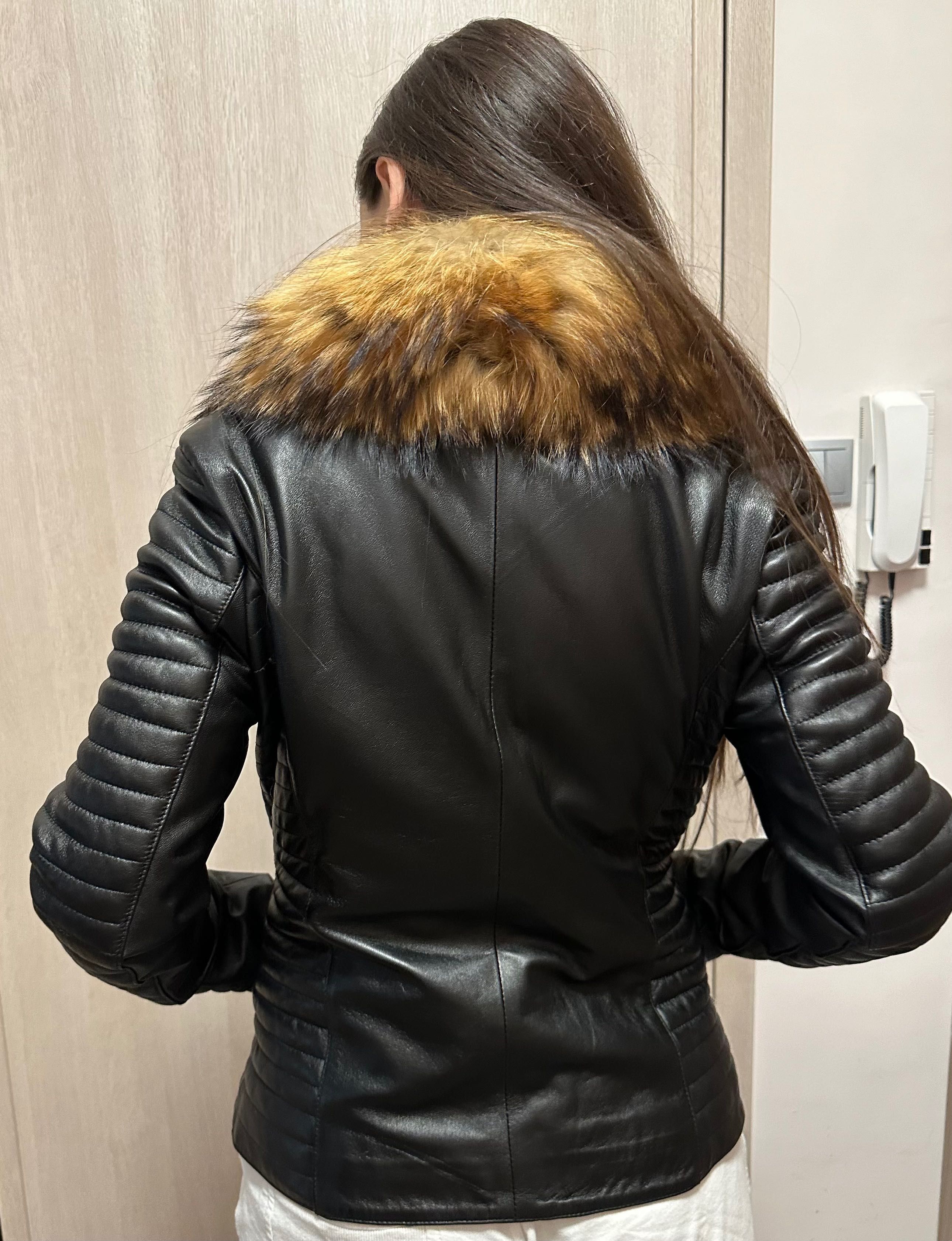 Дамско кожено яке с яка от косъм от лисица
