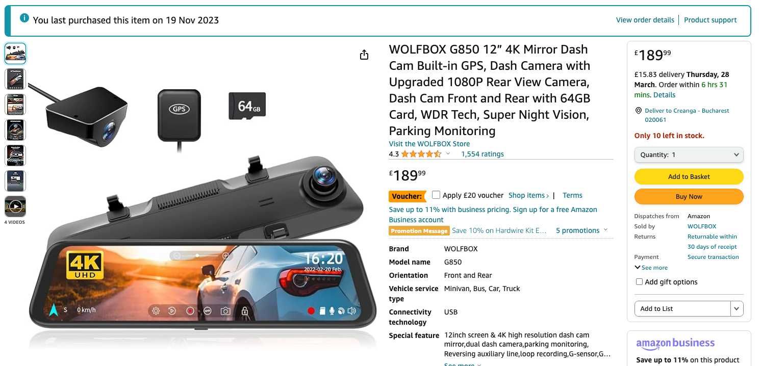 WOLFBOX G850 4K Mirror Dash Cam GPS Parking (camera auto oglinda)