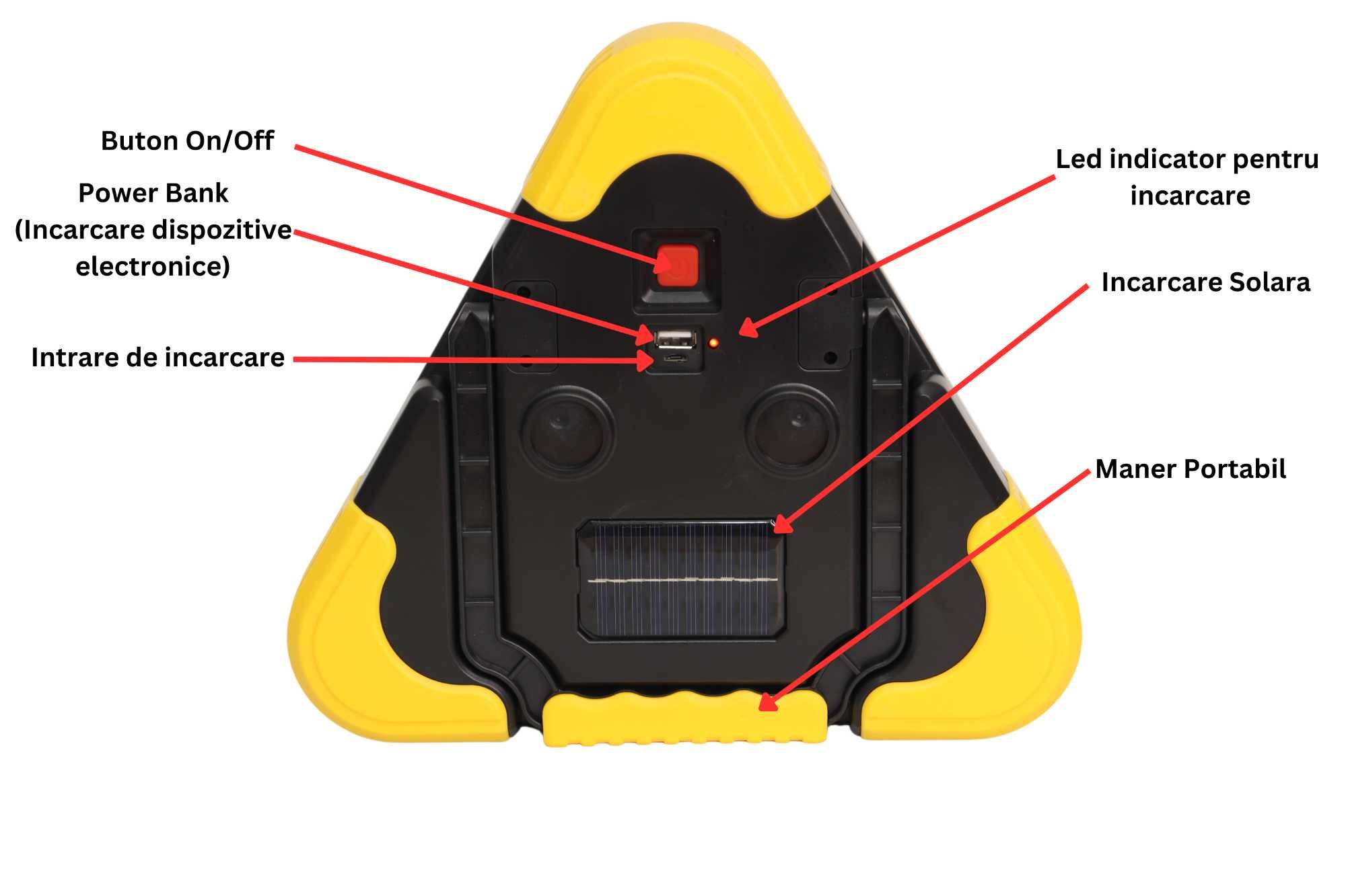 Triunghi SOS Cu Lanterna LED COB , LED Rosu , Incarcare Solara , USB