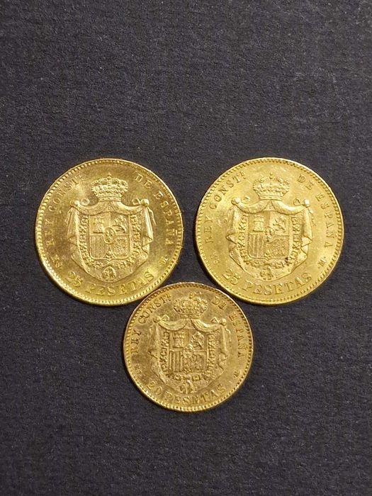 Златна монета 25песети АлфонсоXII 1881,1880,20 песети АлфонсоXIII 1890