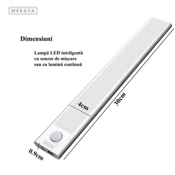 Lampa led sensor miscare, reglabila, 3 tipuri lumina, acumulator, 30cm