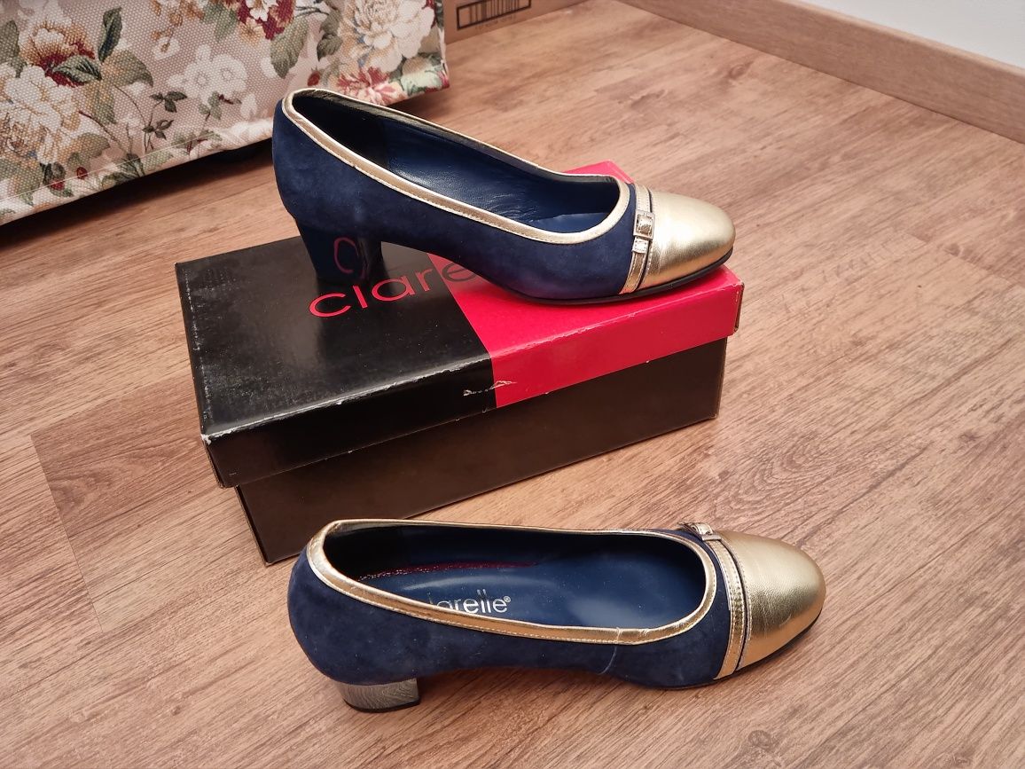 Pantofi Clarette mas 39 toc de 5 cm bleumarin cu auriu piele intoarsa