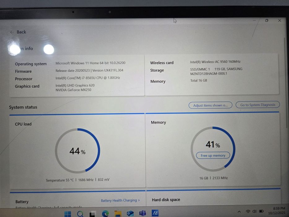 Intel I7 8565U 16 gb mx250 120 gb