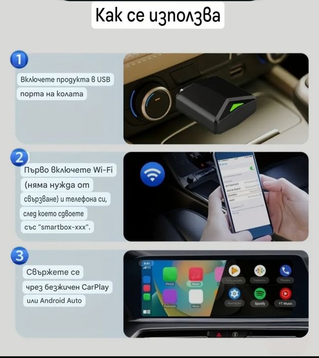 2-в-1 Безжичен CarPlay & Android Auto Адаптер