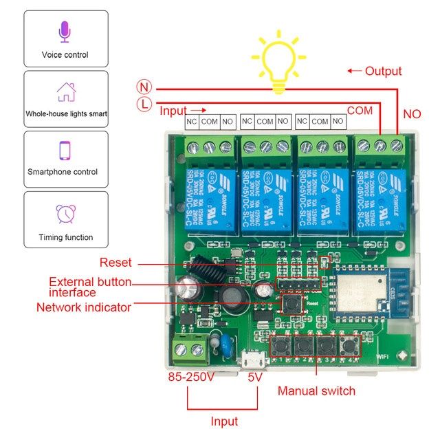Tuya Smart WiFi+RF433MHz 85-250V реле 4-канала Alexa/Google Assistant