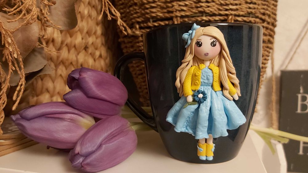 Cana cadou fetite, iubita papusa cu fundita fimo handmade