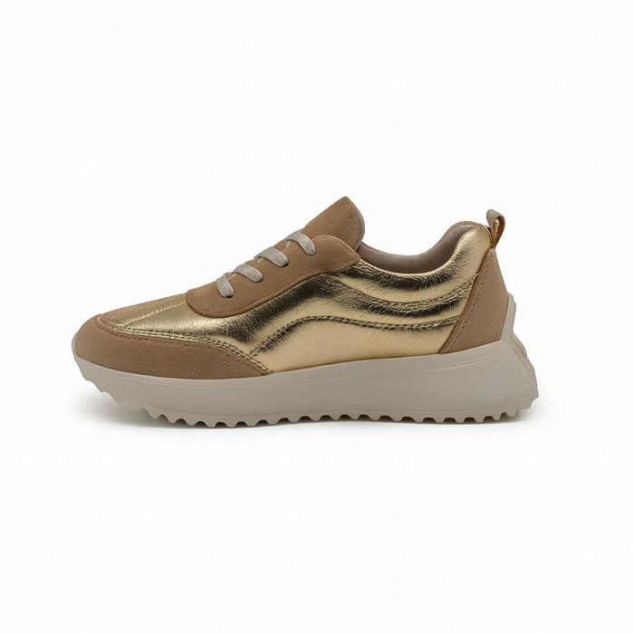 Дамски спортни обувки от естествена кожа и велур в златисто и бежово