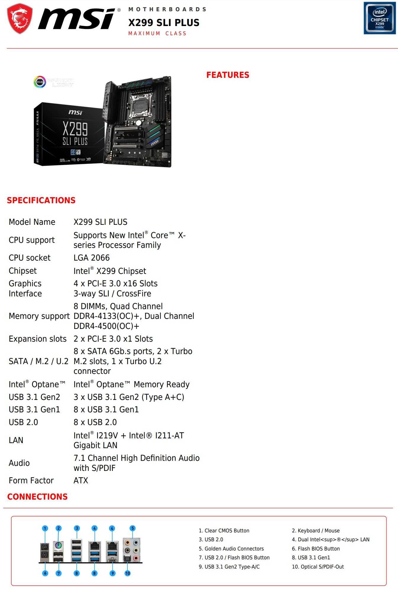 Дъно Дънна платка MSI X299 SLI Plus LGA 2066 до 256GB DDR4