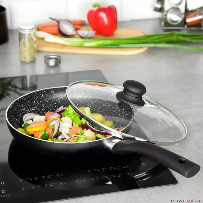 Tigaie din aluminiu cu capac, marmorata, 24 cm, negru, KingHoff