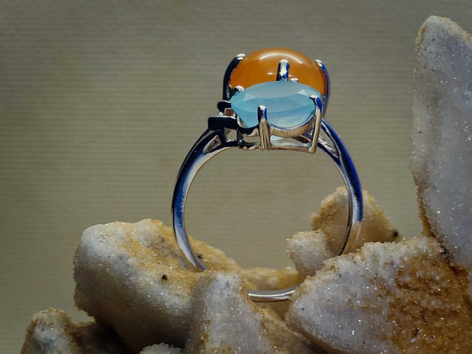 Inel argint rodiat cu calcedonie – duo portocaliu & albastru