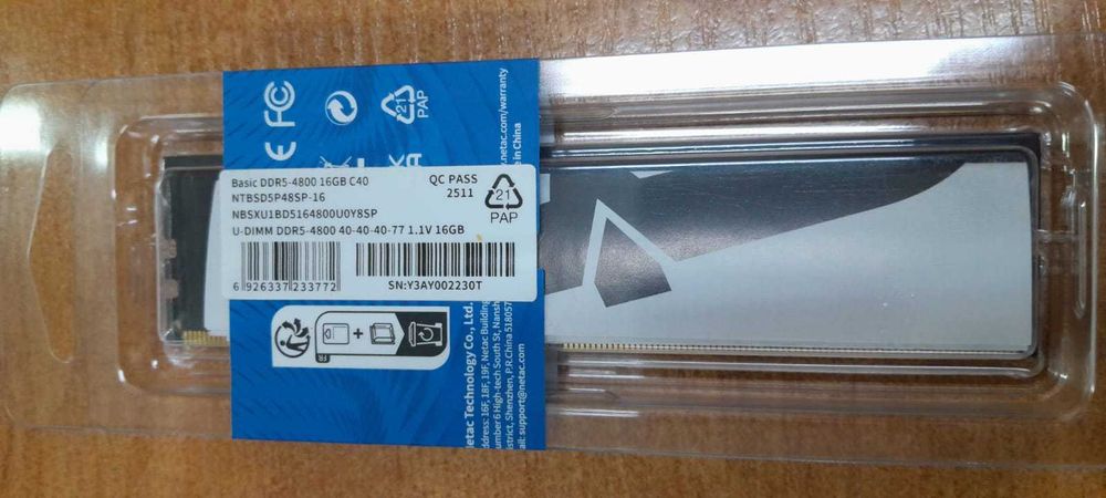 Оперативная память DDR-5 DIMM 16 GB 4800 MHz Netac Basic, BOX