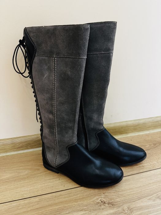 Ботуши зимни с черна кожа и сив велур, с връзки! Марка Hush Puppies