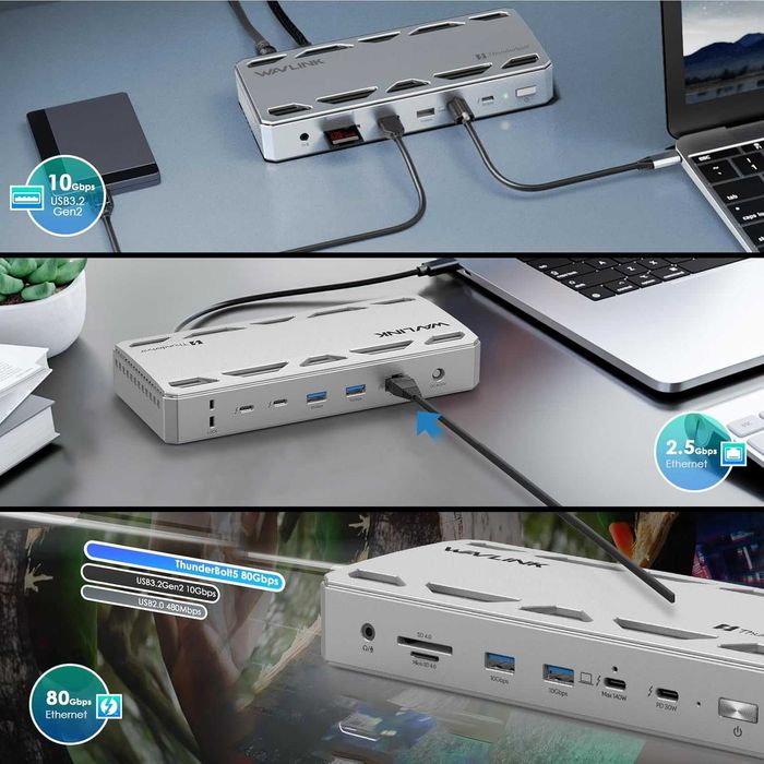 WAVLINK Thunderbolt 5 Dock, 12-в-1 TB5 докинг станция, 8K дисплей