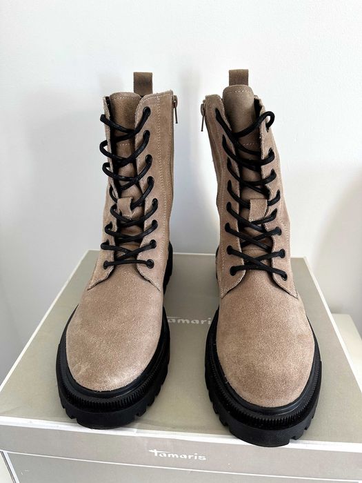 Tamaris Cizme/Bocanci Piele Intoarsa Gri/Maro Taupe Cu Sireturi