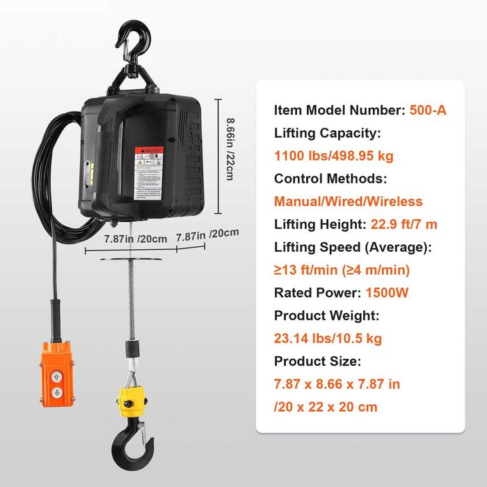 Troliu electric portabil 500 kg, telecomandă cablată/ wireless