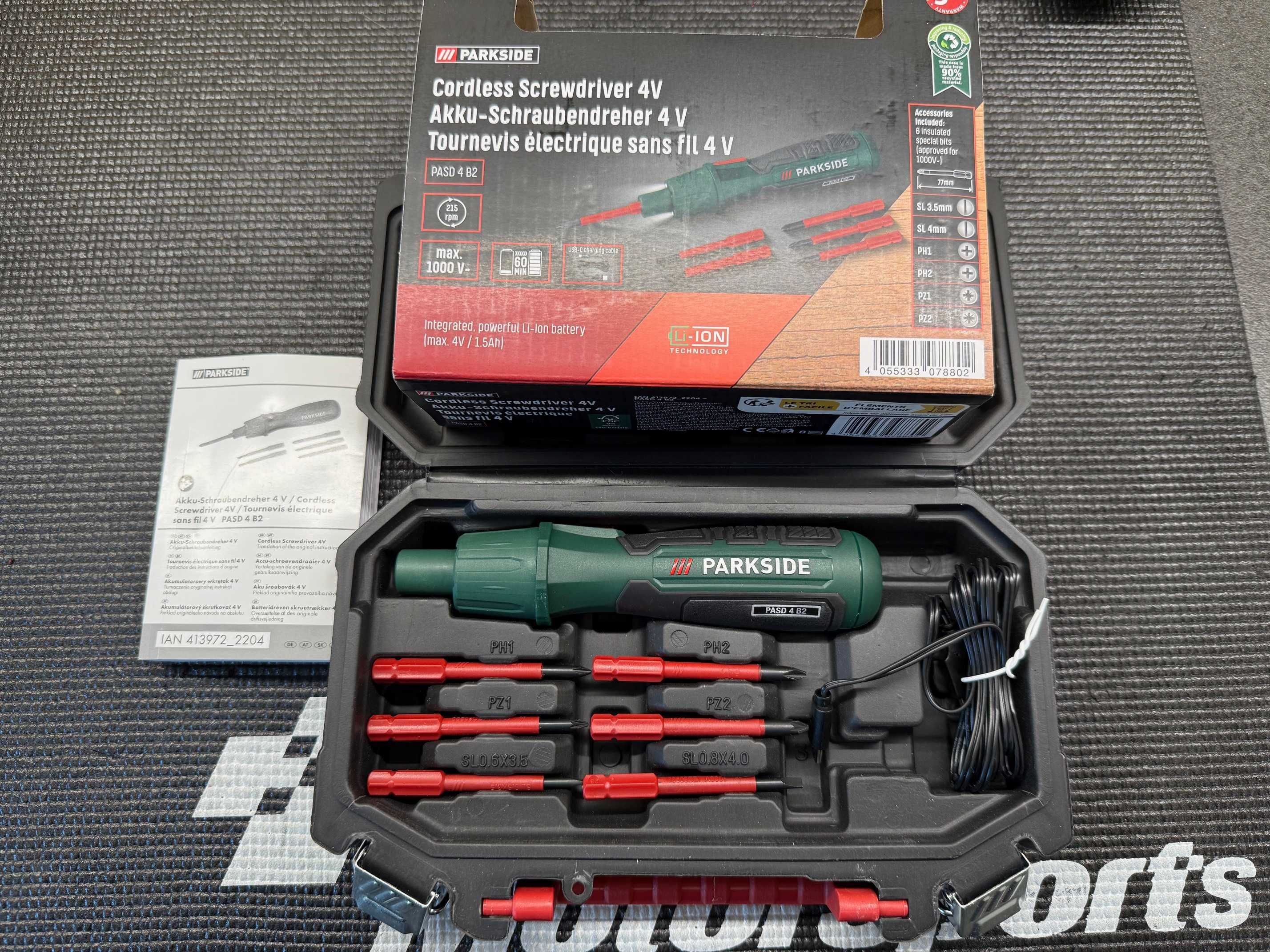 Нова акумулаторна отвертка Parkside PASD 4 B2, 4V, USB-C, с битове