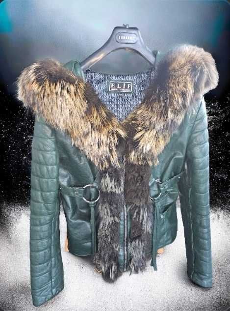 Зелено яке, естествена кожа, орнаменти от лисица